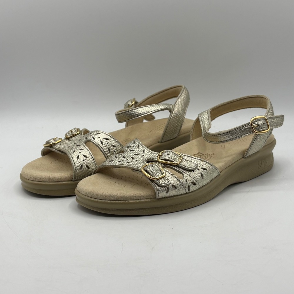 SAS Duo Gold Linen Sandals Women's 6.5 M Comfort Walking Metallic Leather Shoes